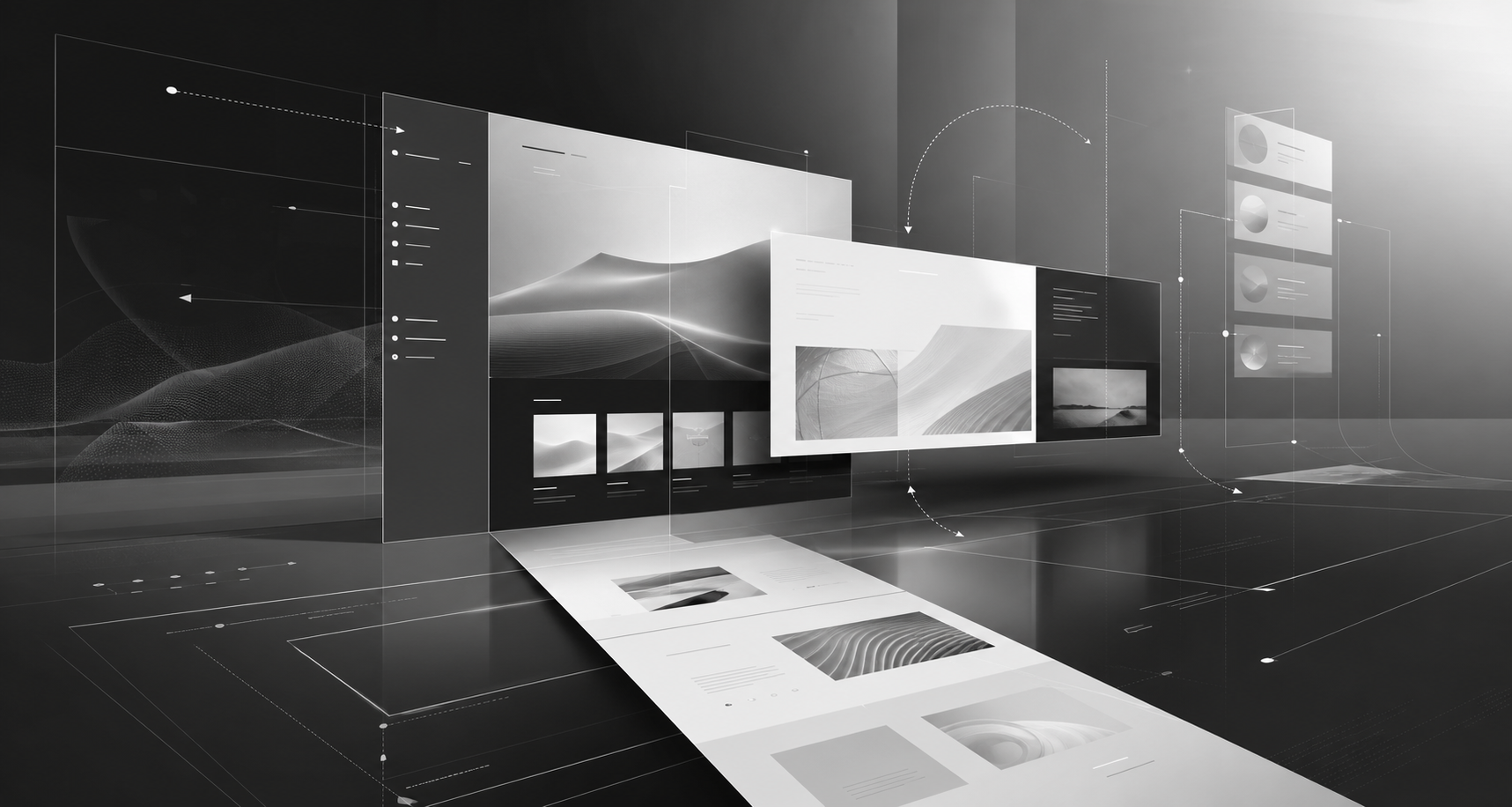 Visual note: a system relationship across identity, content and website touchpoints for Interactive website design should help people understand the brand step by step.