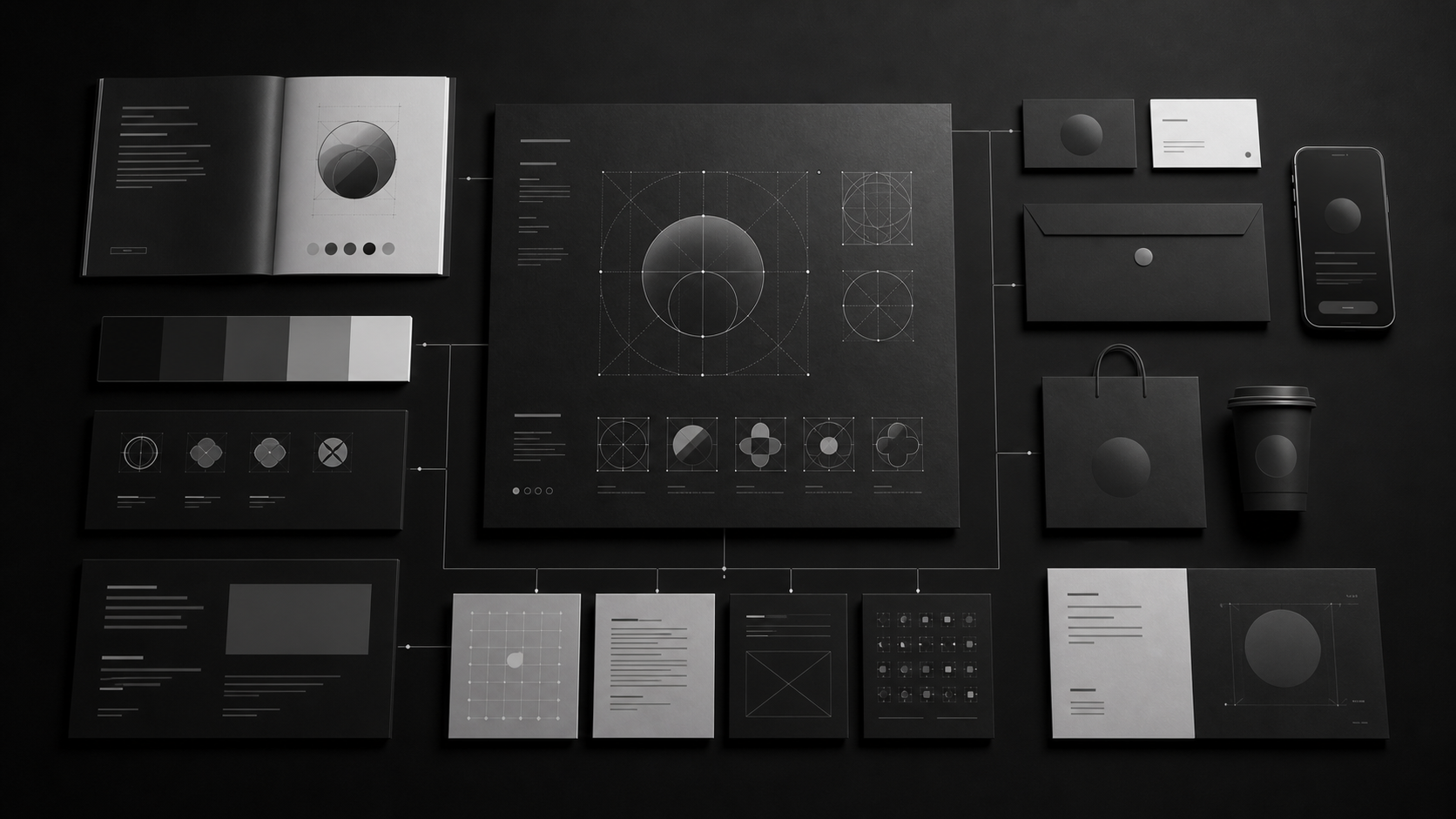 Visual note: a system relationship across identity, content and website touchpoints for Brand logo design is not just a mark, it is an identity system.